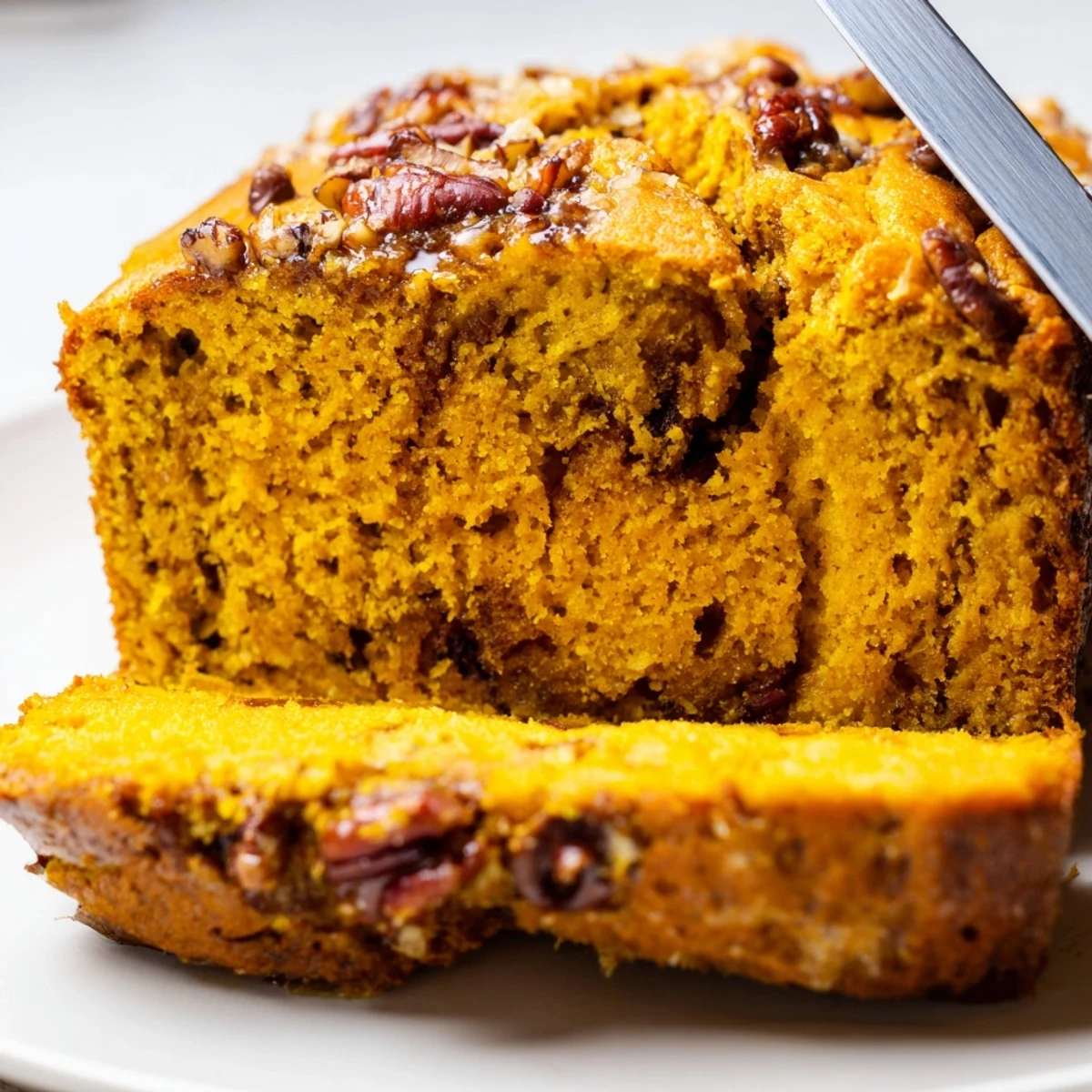 Moist Sweet Tea Pumpkin Pancake Muffin Loaf garnished with pecans, perfect for breakfast.  