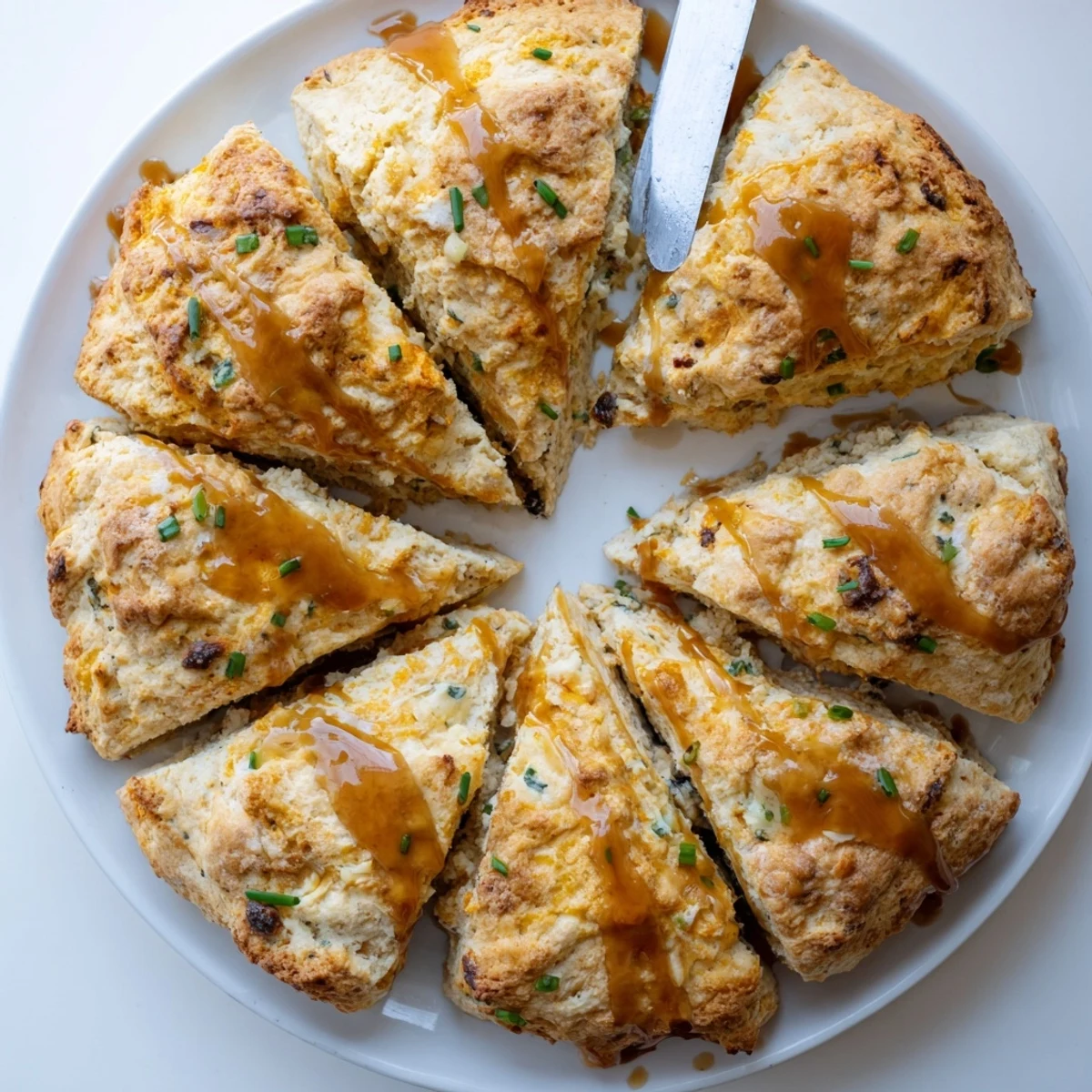 Golden, flaky Buffalo Ranch Chai Caramel Biscuit Scones topped with crumbled blue cheese.
