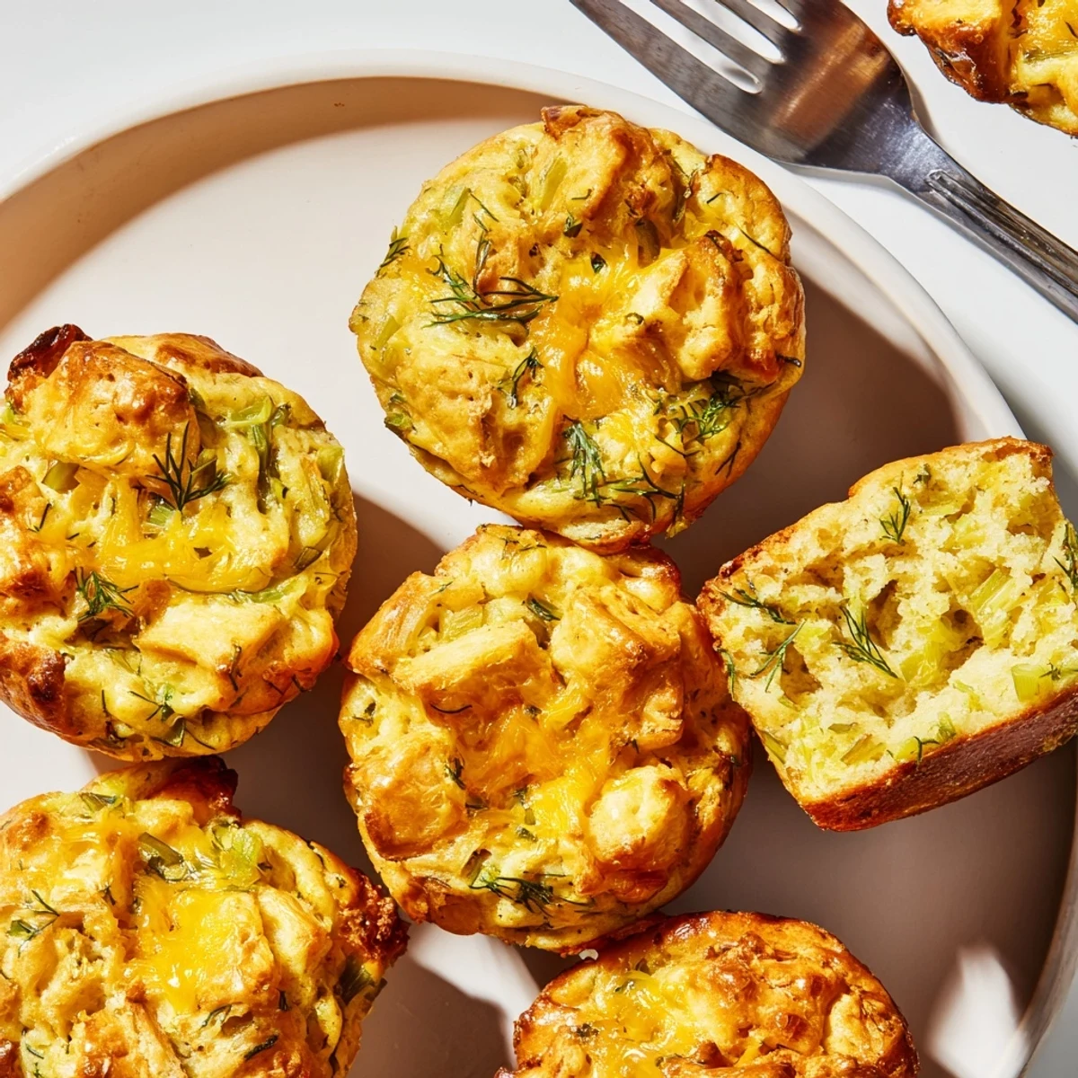 Golden-brown Dill Pickle Cheddar Pretzel Pancake Muffins bursting with flavor and texture.