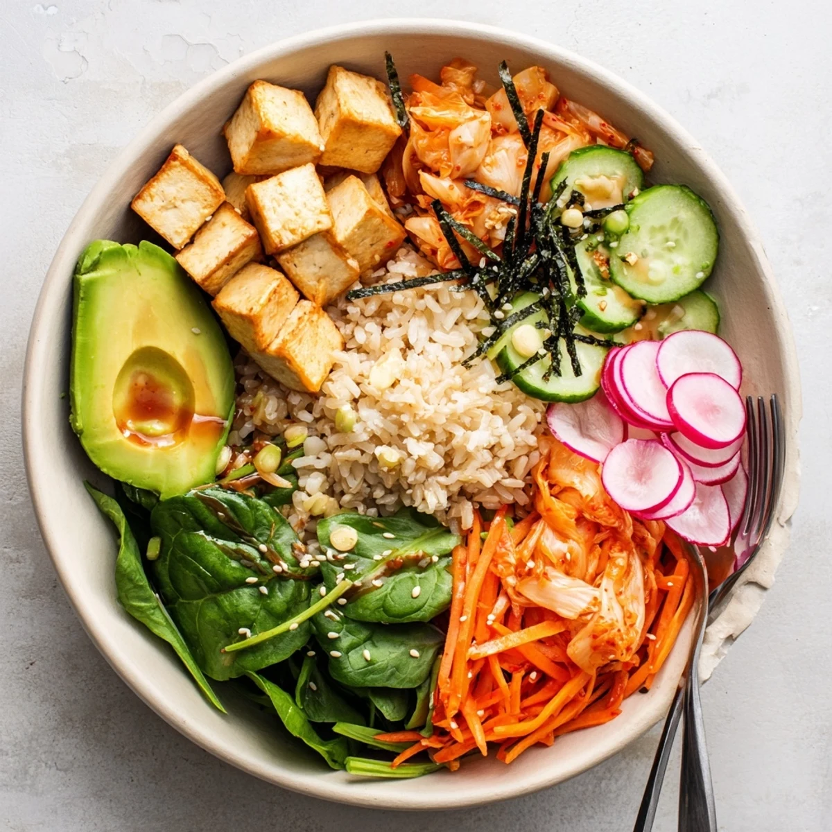 Vibrant fermented vegetable bowl showing bright veggies and creamy avocado slices.
