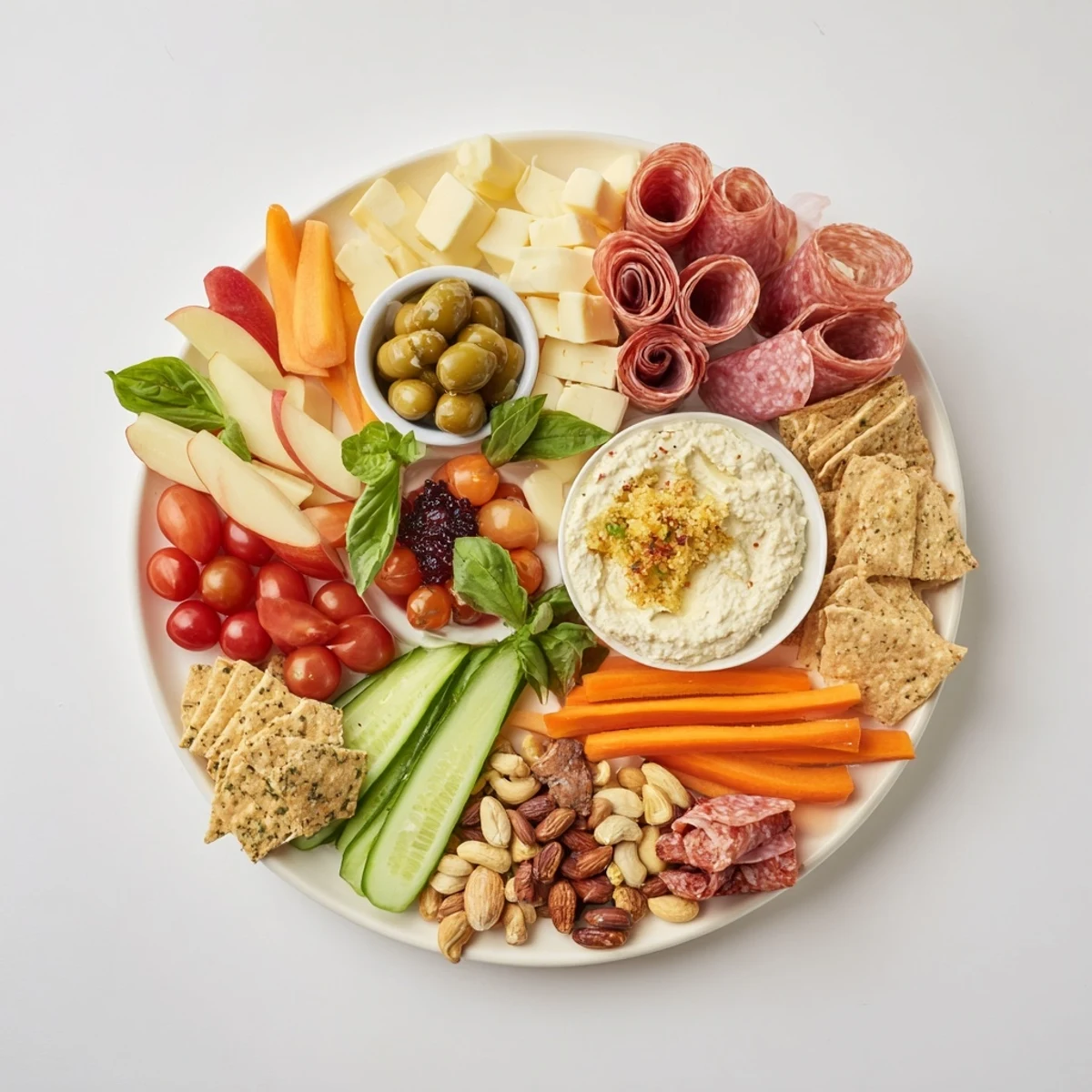 A vibrant Girl Dinner Platter showcasing cheeses, fruits, and dips for sharing.  