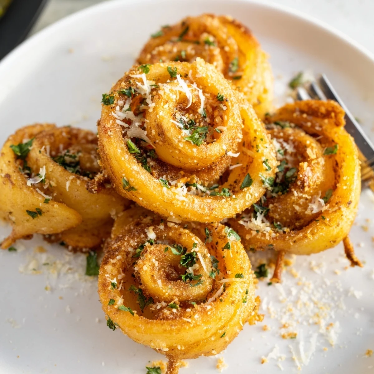Golden-brown Air-Fryer Tornado Potatoes served with savory garlic and paprika seasoning.  