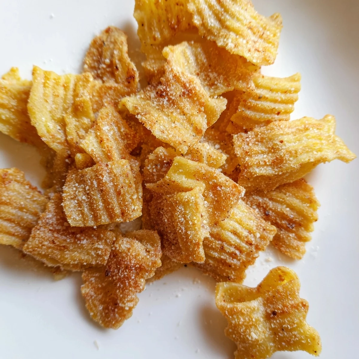Crispy pasta chips seasoned variety served with colorful dips for delightful snacking.  