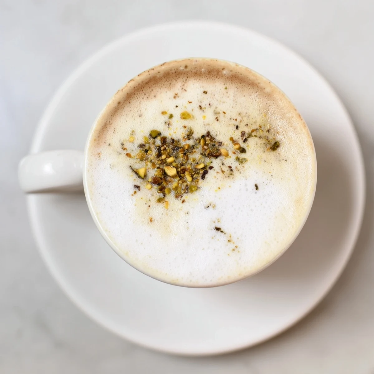 Creamy pistachio milk latte topped with crushed nuts for delightful flavor.  