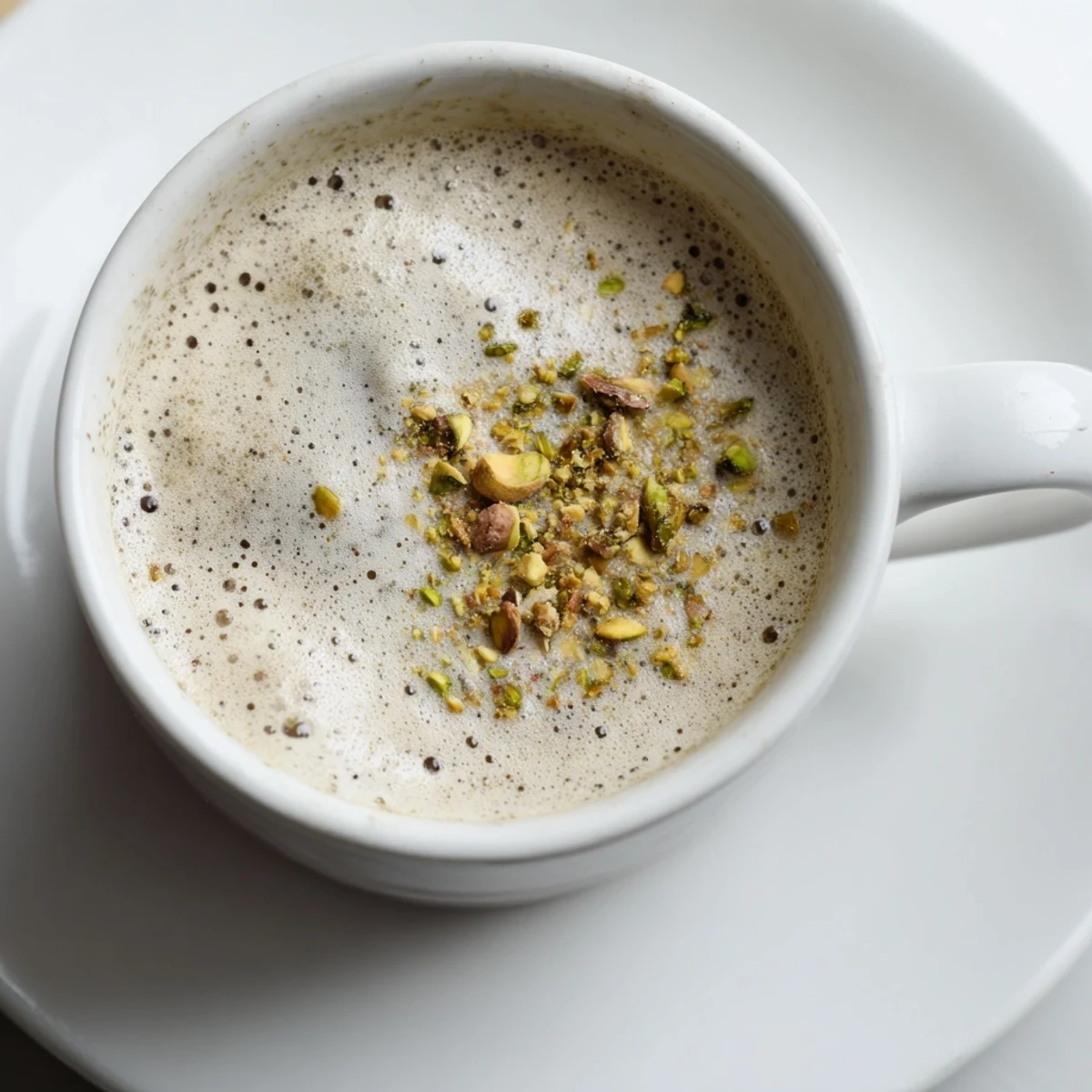 Nutty and aromatic pistachio milk latte garnished with a sprinkle of crushed pistachios.