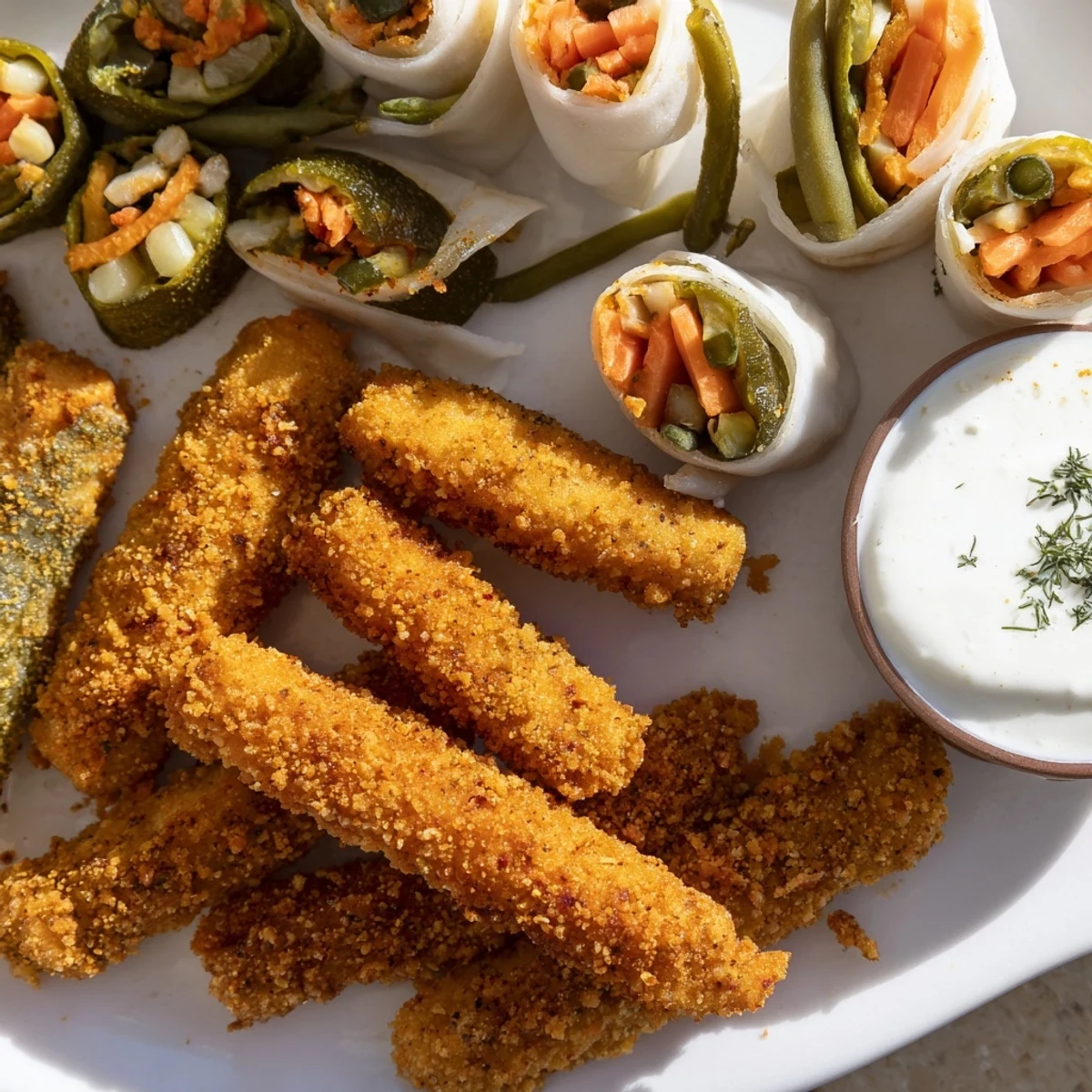 A vibrant platter of fried pickles and tangy wraps celebrates the ultimate Pickle Lovers Meal.  