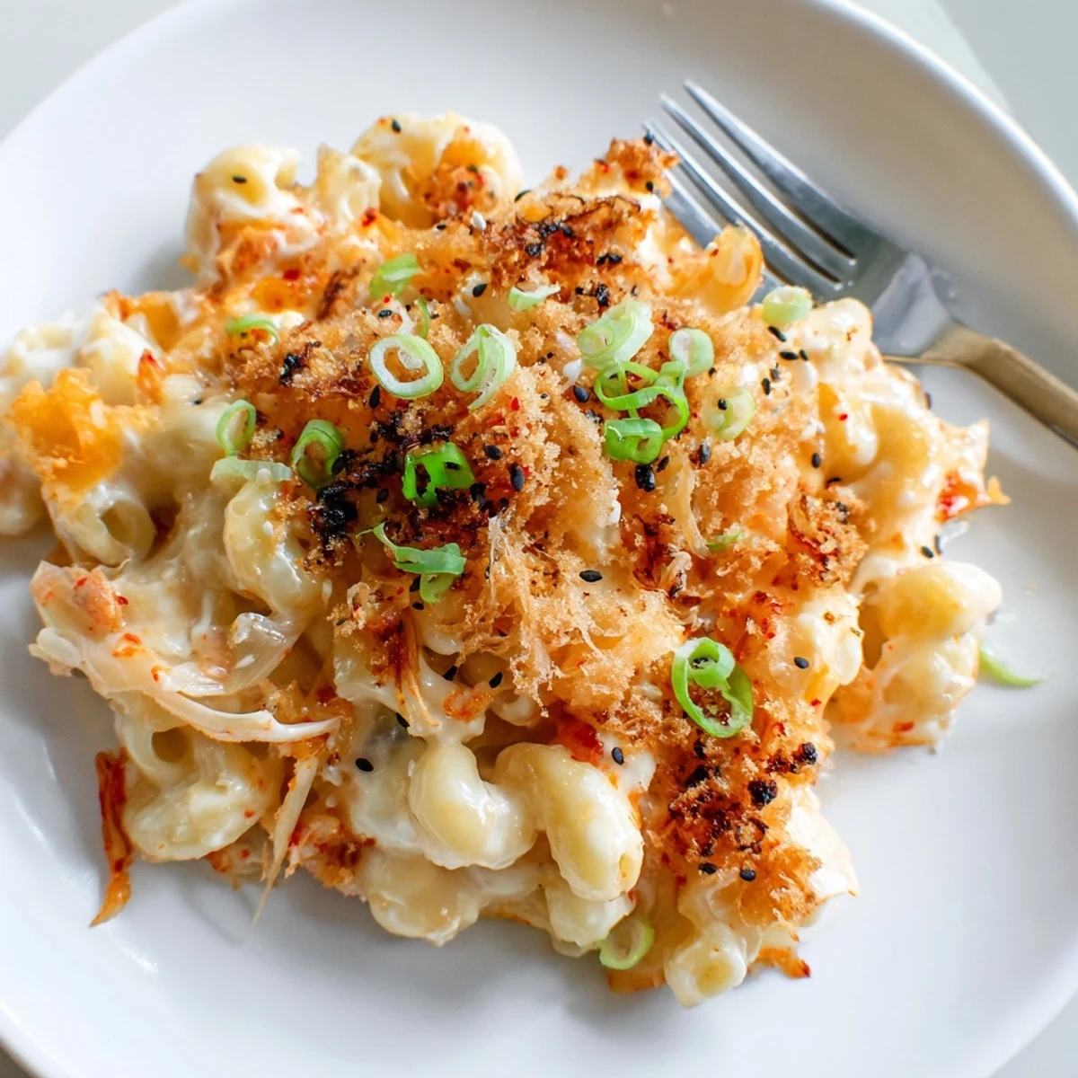 Creamy Spicy Kimchi Mac & Cheese topped with crunchy sesame seeds, a unique dish.  