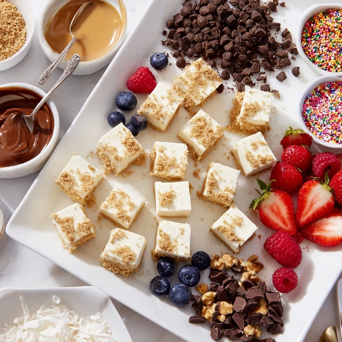 Delicious Deconstructed Dessert Board featuring customizable cheesecake bites and luxurious toppings.  