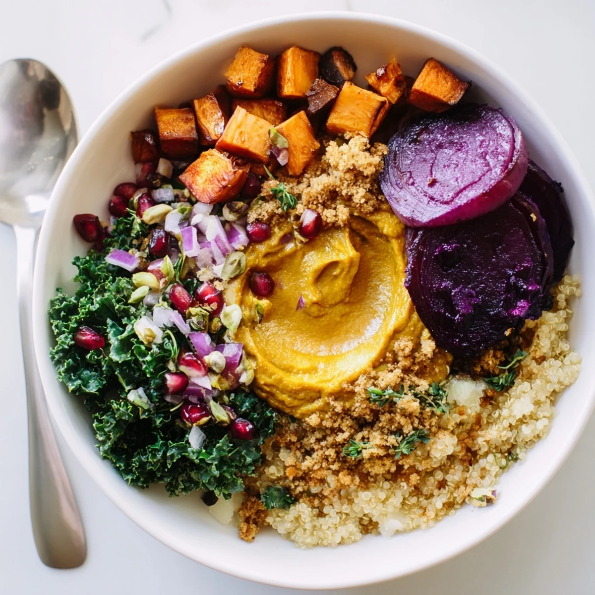 Nutrient-packed winter bowls featuring warm spices, topped with crunchy pistachio crumble.  