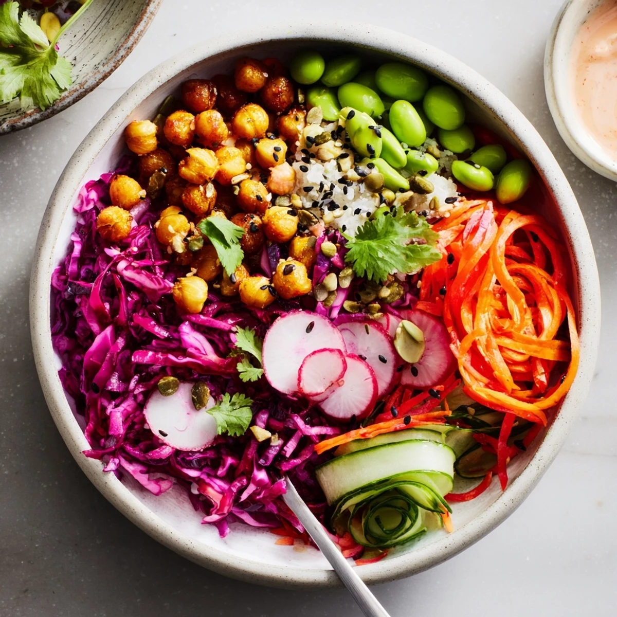 Vibrant ASMR Crunch Snack Bowls overflowing with colorful veggies and crunchy toppings.  