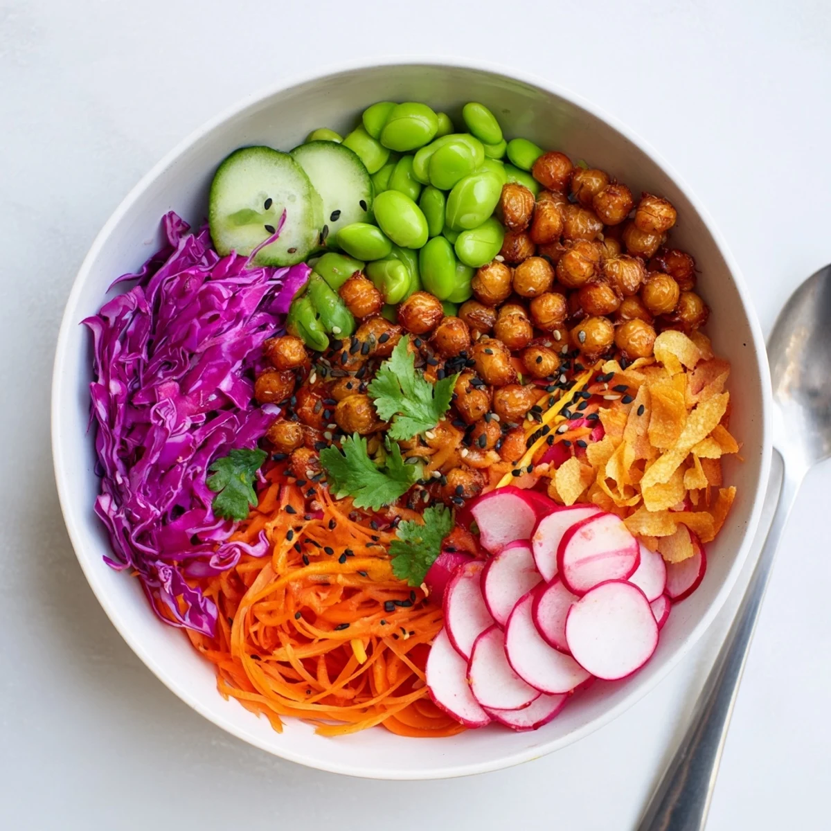 Fresh and colorful ASMR Crunch Snack Bowls topped with roasted chickpeas and seeds.