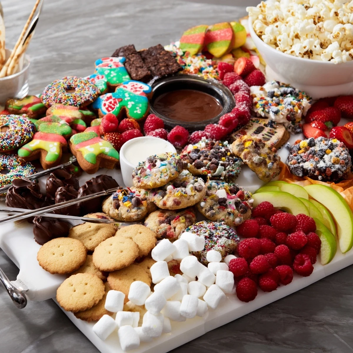 Vibrant dessert board showcasing cookies, candies, and dips for delightful celebrations.