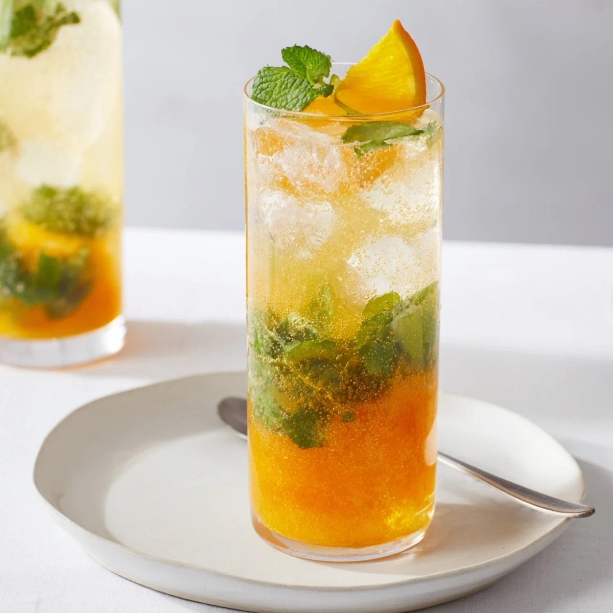 A vibrant Probiotic Soda Mocktail garnished with citrus and fresh mint leaves, perfect for summer sipping.  