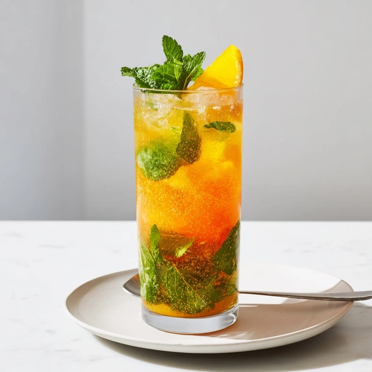 Refreshing Probiotic Soda Mocktail in glass, showcasing sparkling flavors of citrus and herbs.  