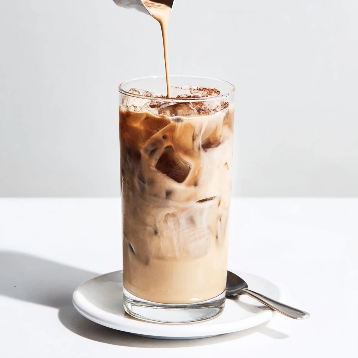 Refreshing tahini iced coffee topped with plant-based milk and ice, perfect for warm days.  