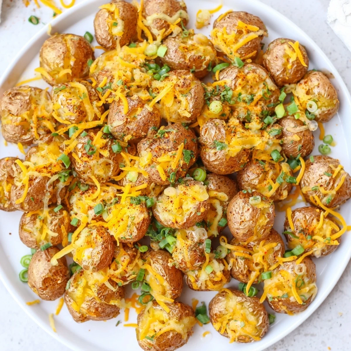Crispy smashed green onion potato bombs topped with melted cheese and herbs.  