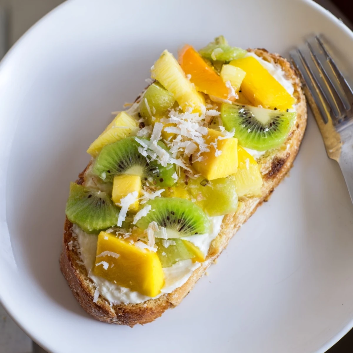 Vibrant Yogurt-Custard Toast 2.0 topped with fresh tropical fruits and coconut.  