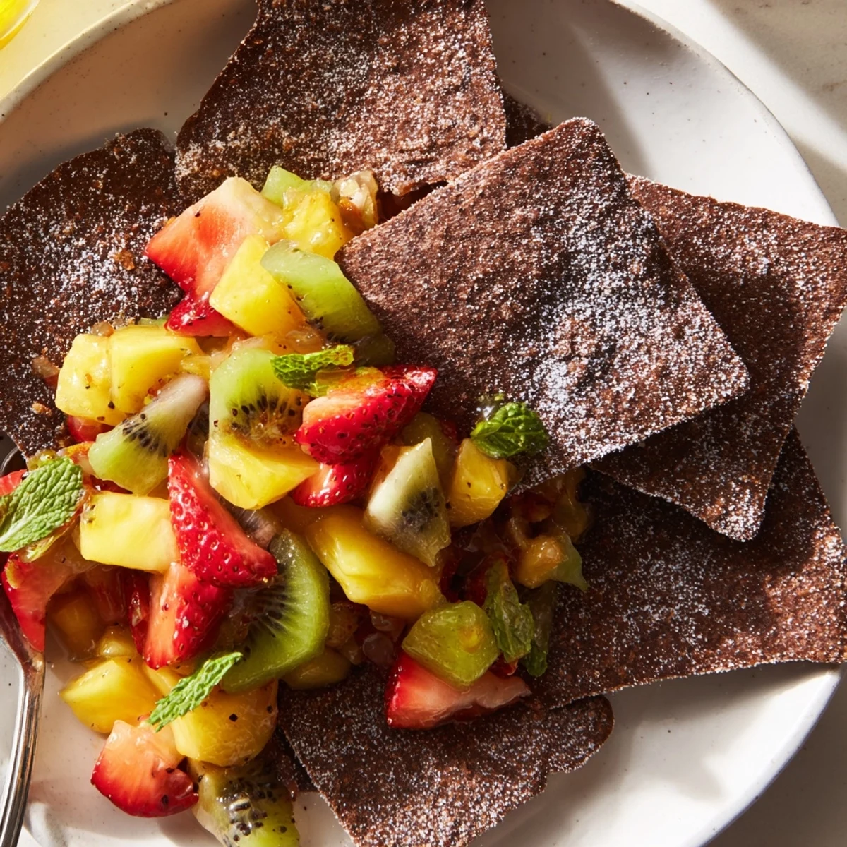 Homemade chocolate tortilla chips paired with fresh fruit salsa, a fun dessert treat.  
