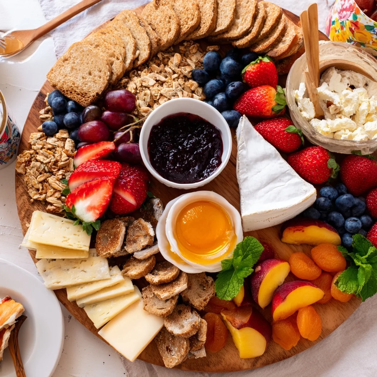 Vibrant jam-infused brunch board featuring fresh fruits, artisan breads, and creamy cheeses.  