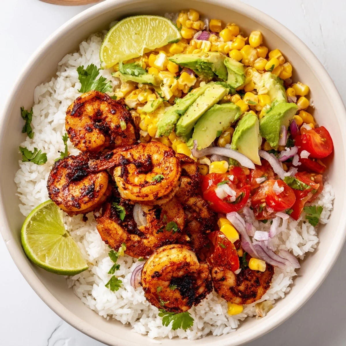 Spicy blackened shrimp bowl topped with vibrant avocado corn salsa and rice.  
