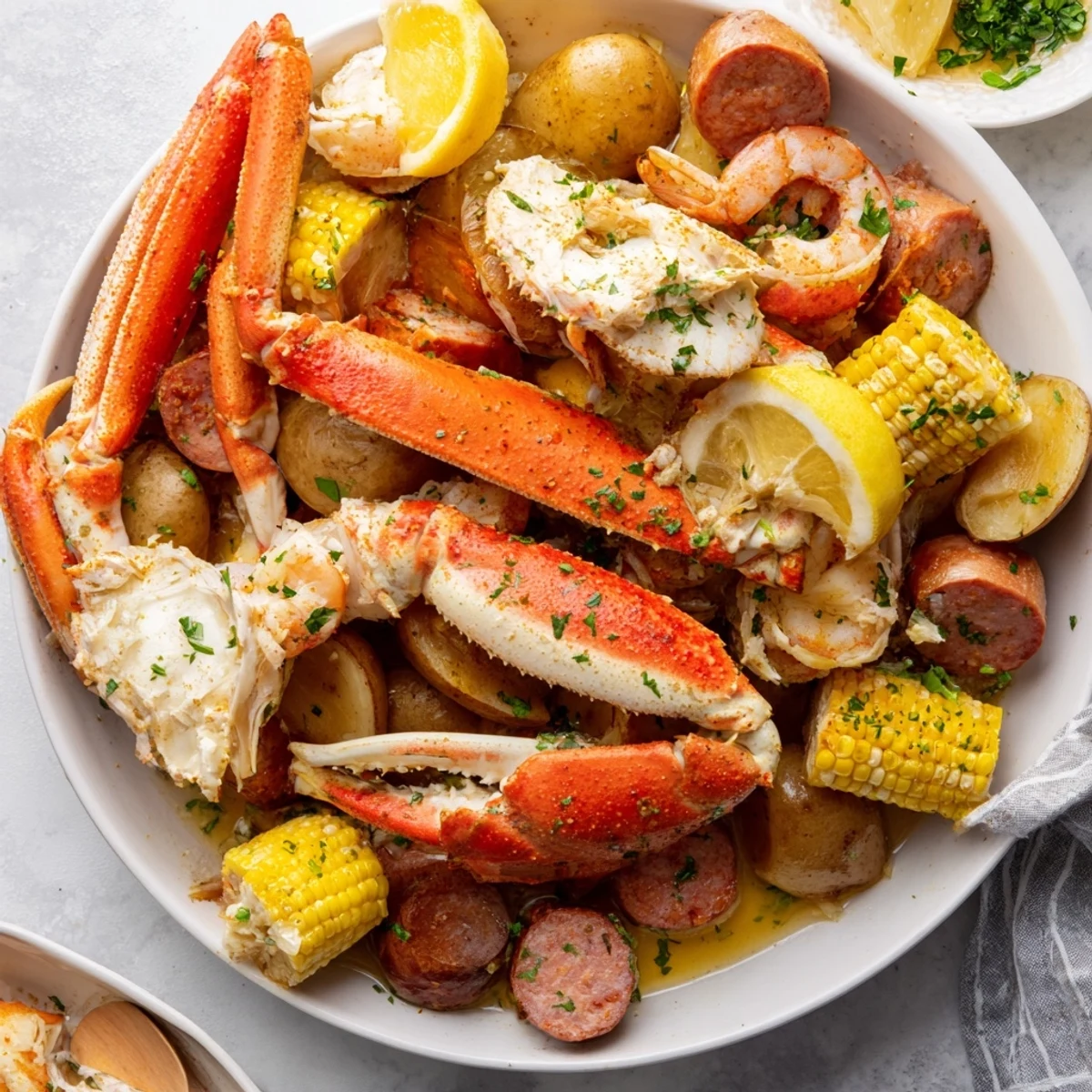 Festive seafood boil with crab, shrimp, and buttery potatoes for sharing fun.
