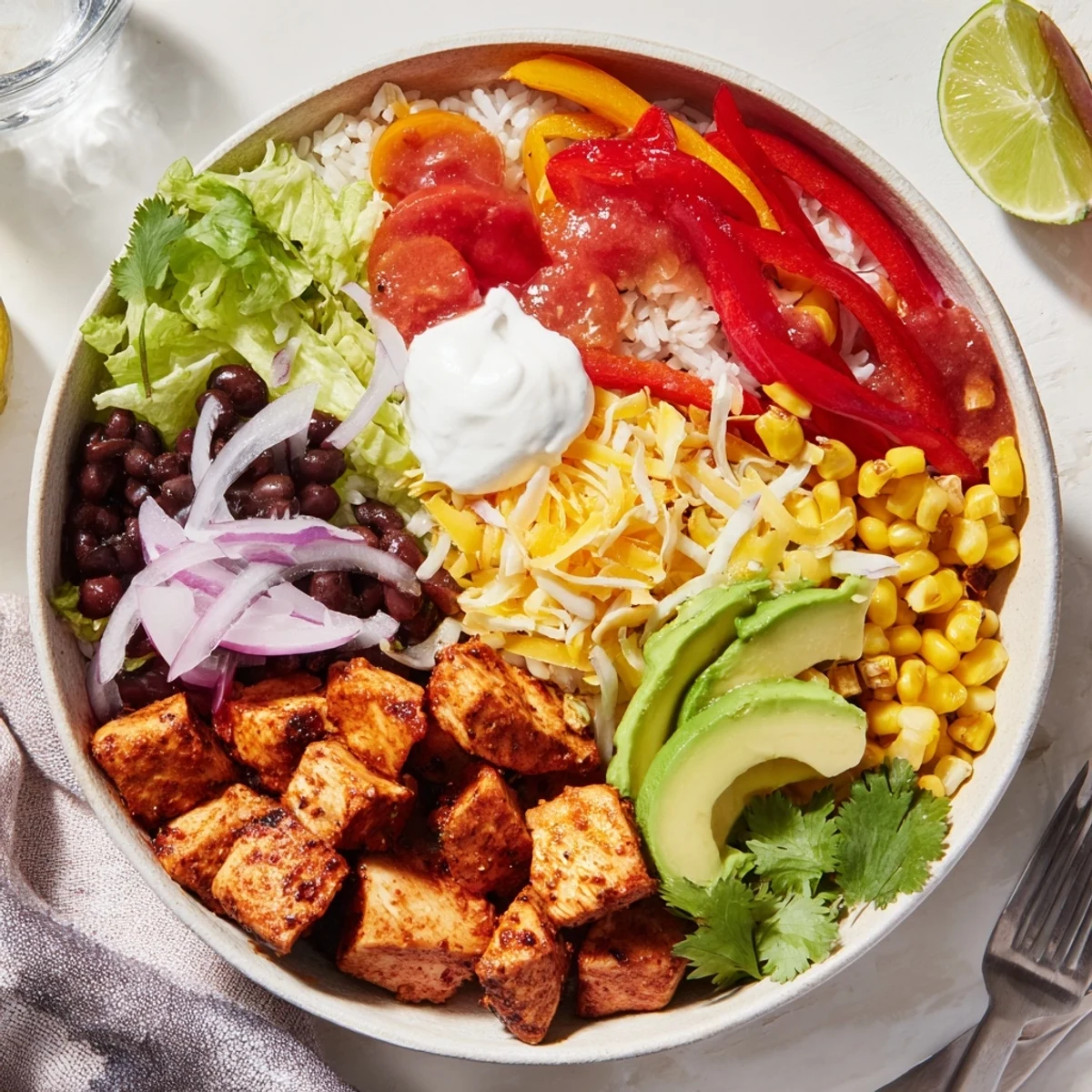 Juicy Sheet Pan Chicken Burrito Bowls topped with fresh avocado and vibrant veggies.  
