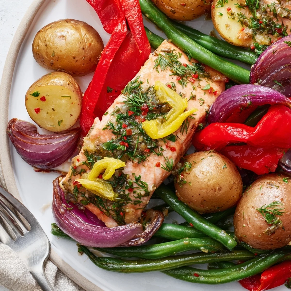 Delicious Lemon Herb Salmon & Potato Sheet Pan, garnished with lemon wedges for flavor.