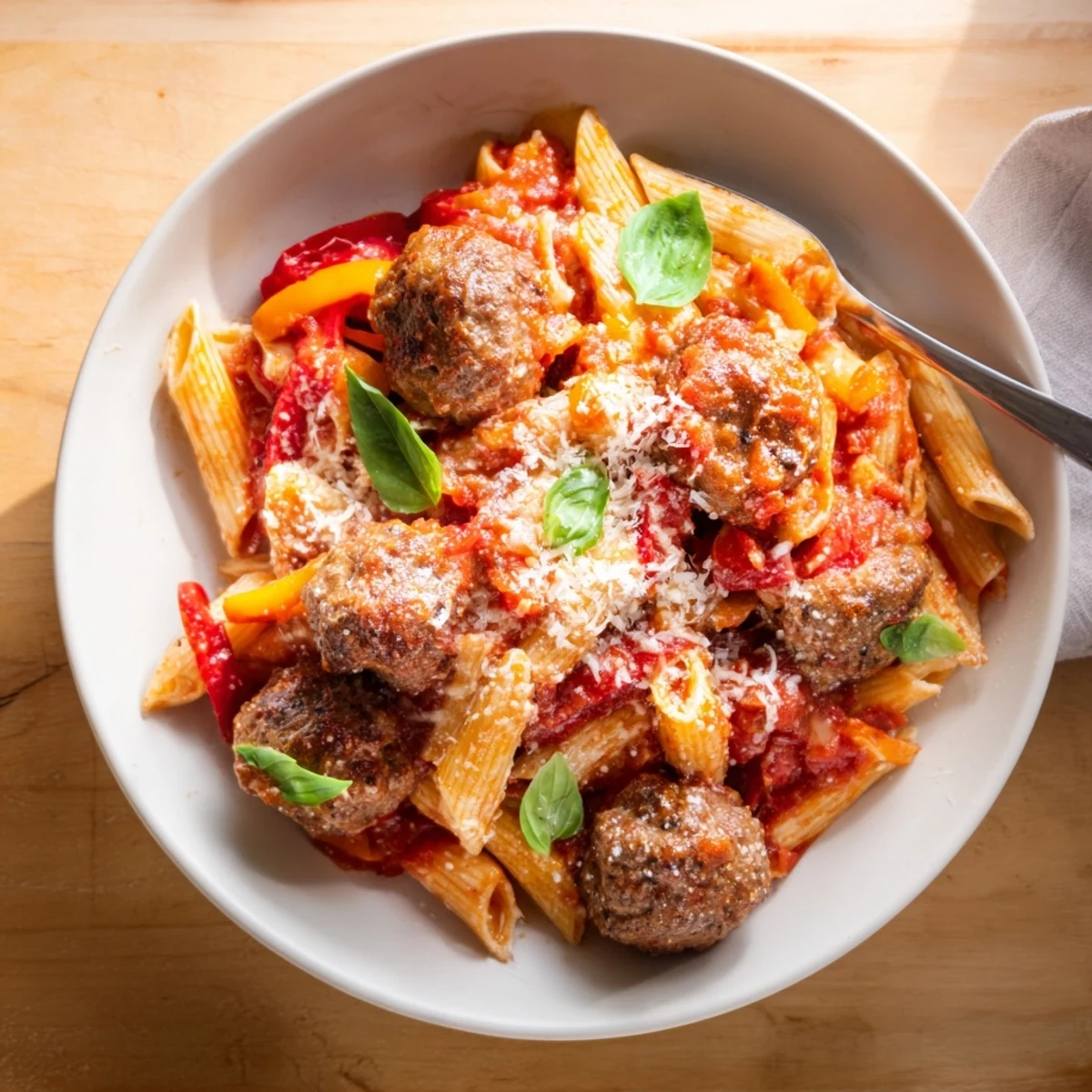 Hearty Italian Meatball Pasta Skillet topped with melted cheese, garnished with fresh basil.  