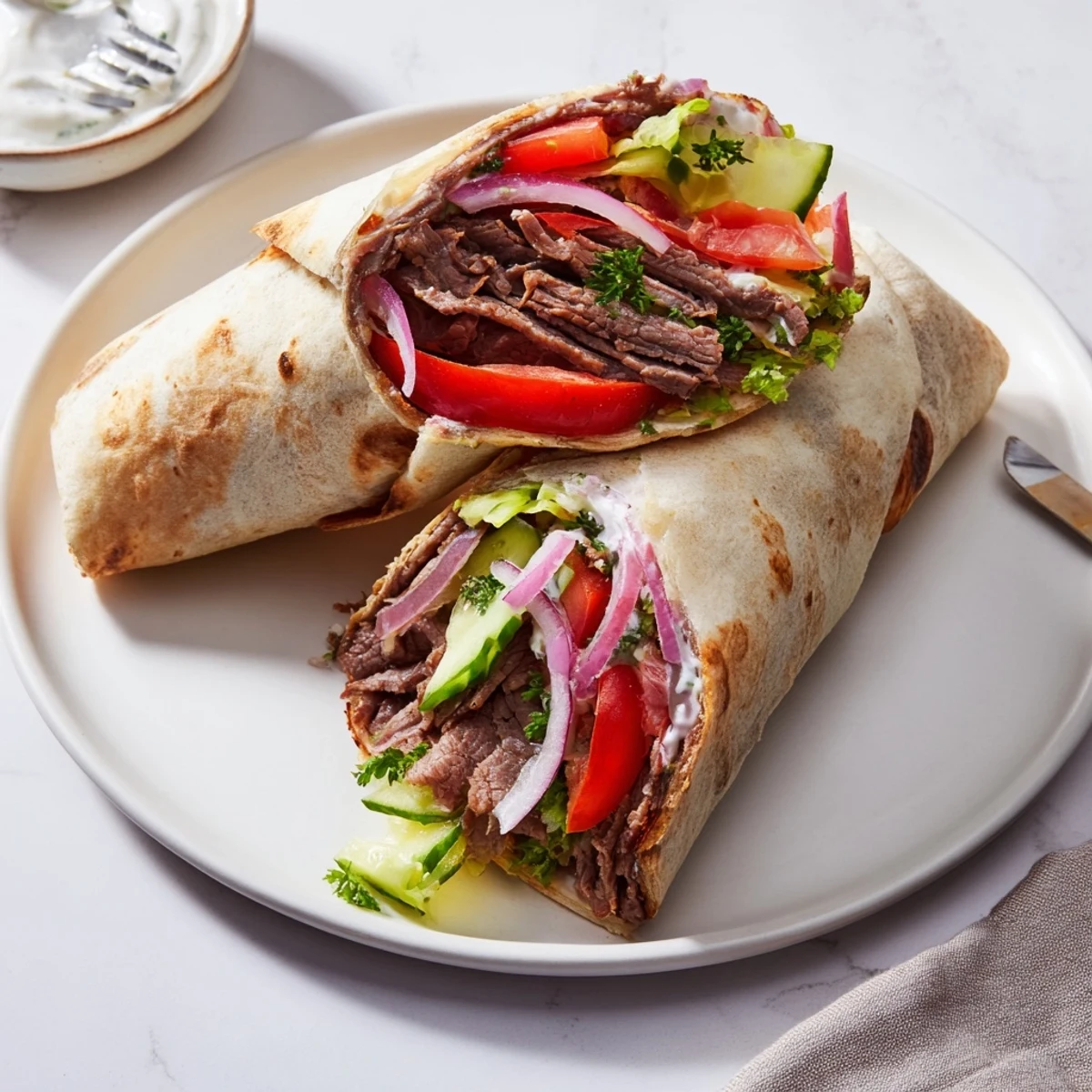 Tender beef shawarma wraps filled with crisp vegetables and creamy yogurt sauce.  