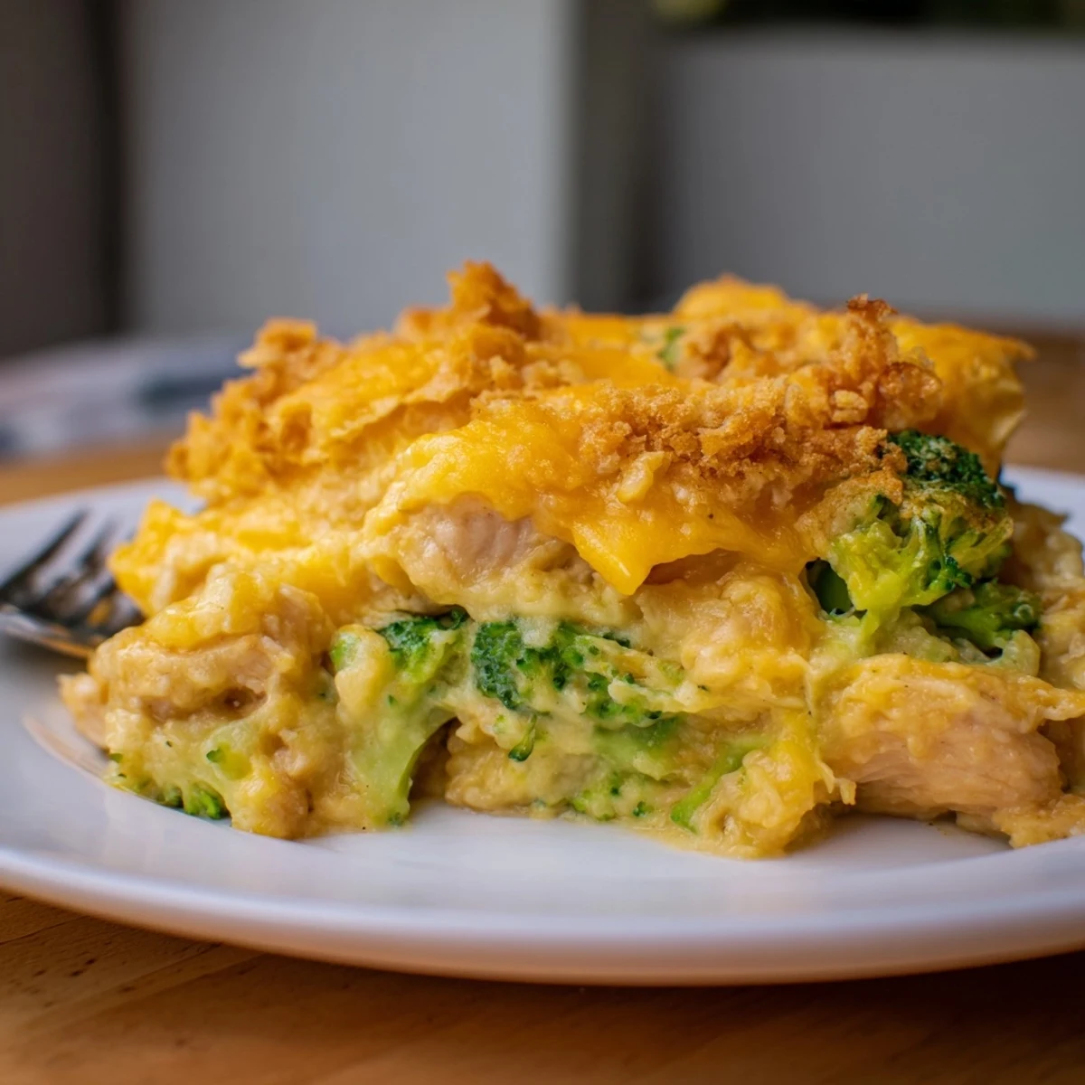 Delicious Chicken & Broccoli Cheddar Bake, bubbling with melted cheese and vibrant veggies.  