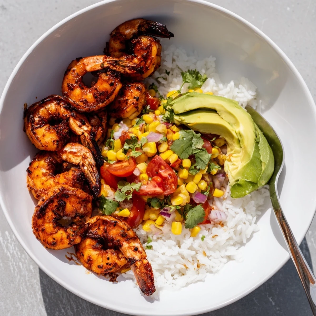 Zesty Easy Grilled Shrimp Bowl with Avocado Corn Salsa, perfect for summer dining delights.