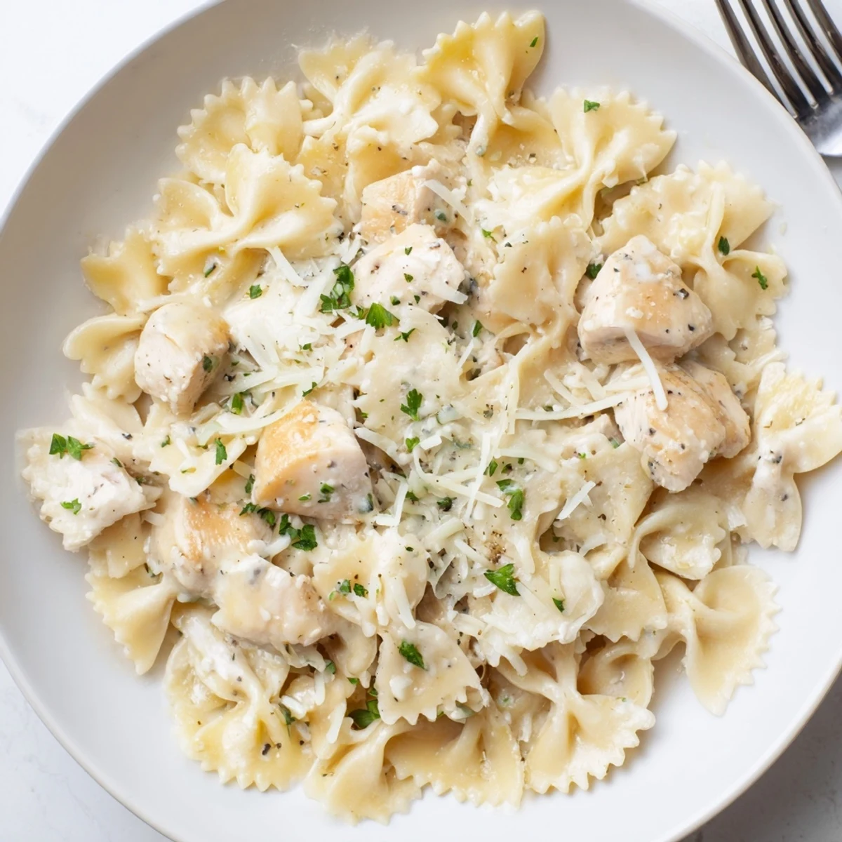 Comforting Mozzarella Garlic Butter Chicken Bowties, with flavorful garlic butter and bowtie pasta.