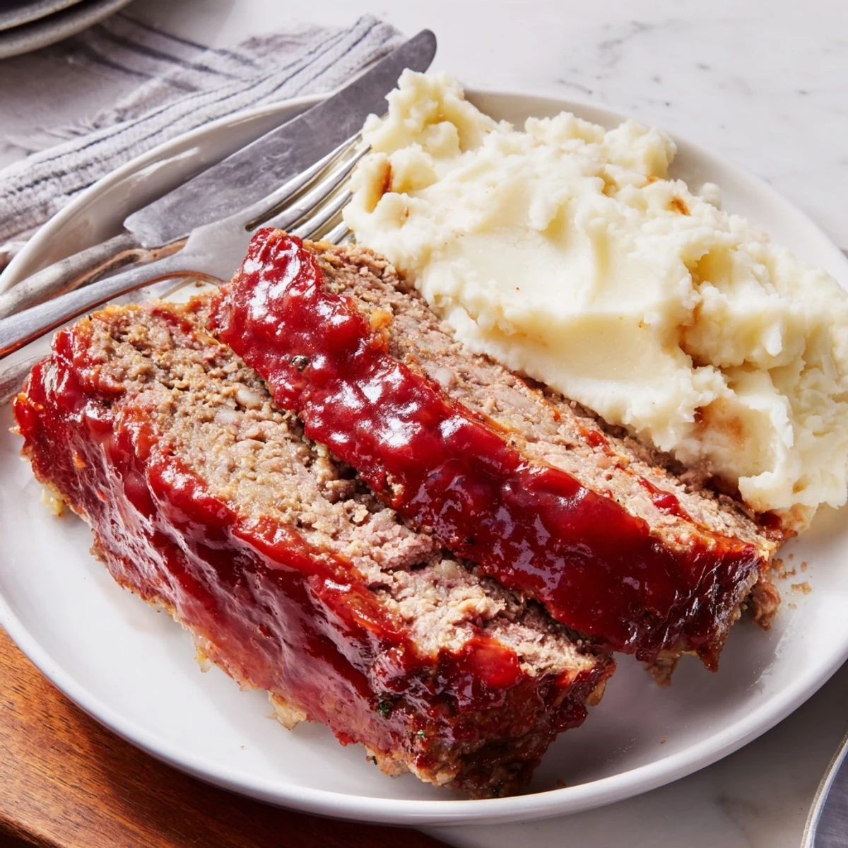 Comforting classic meatloaf glistening with glaze, served alongside buttery mashed potatoes.  