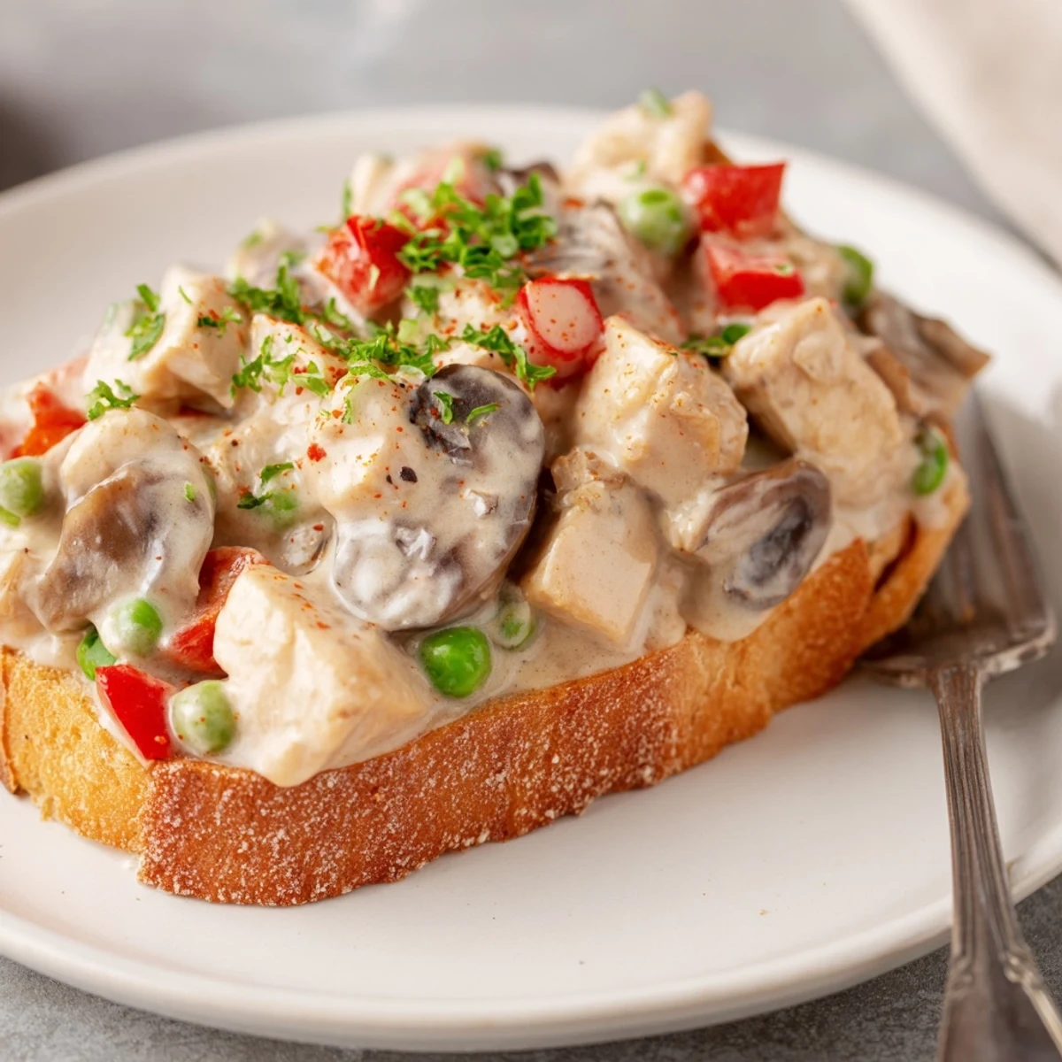 Savor the comforting chicken à la king, topped on warm, golden toast slices.  