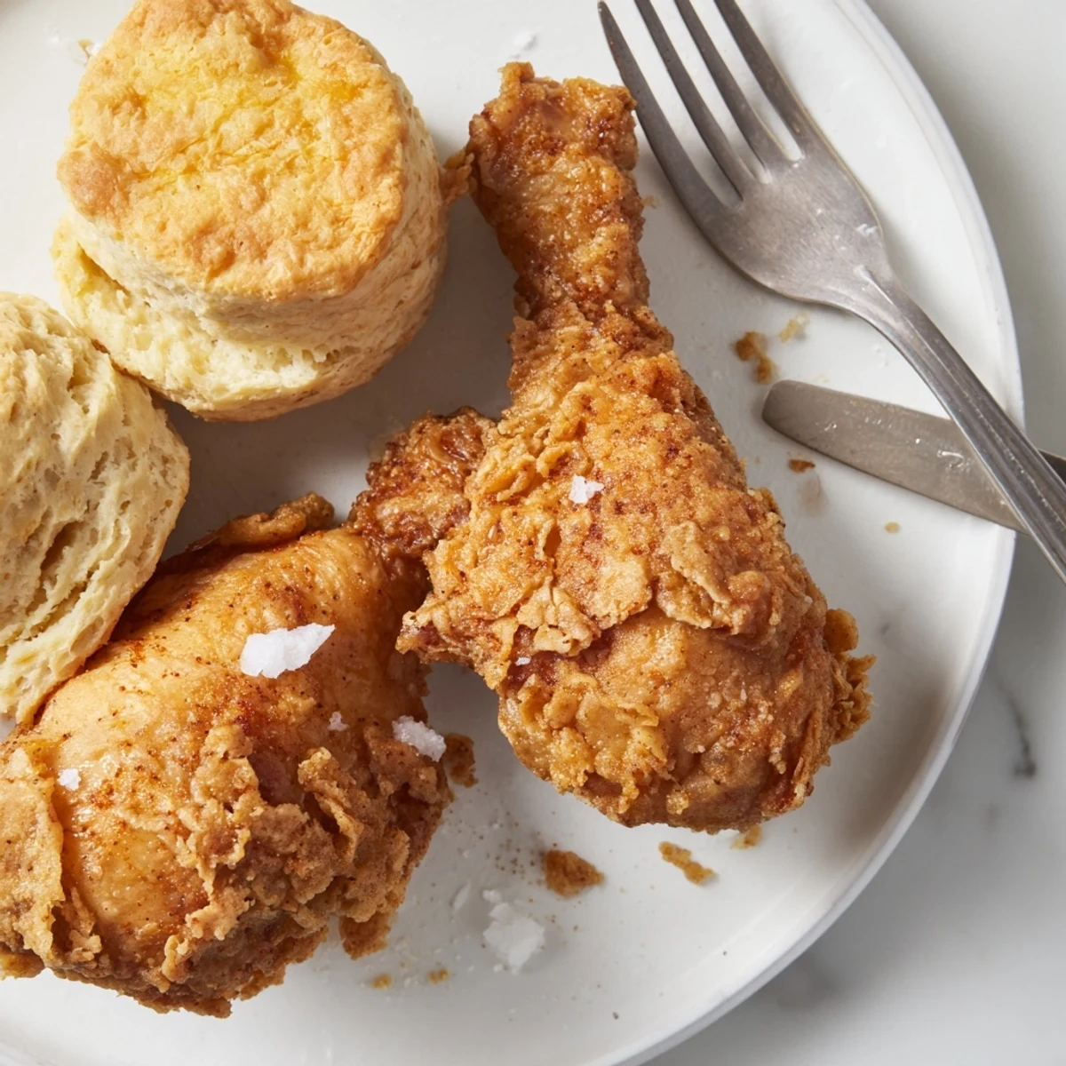 Crispy Southern fried chicken alongside fluffy buttermilk biscuits, perfect for family gatherings.  