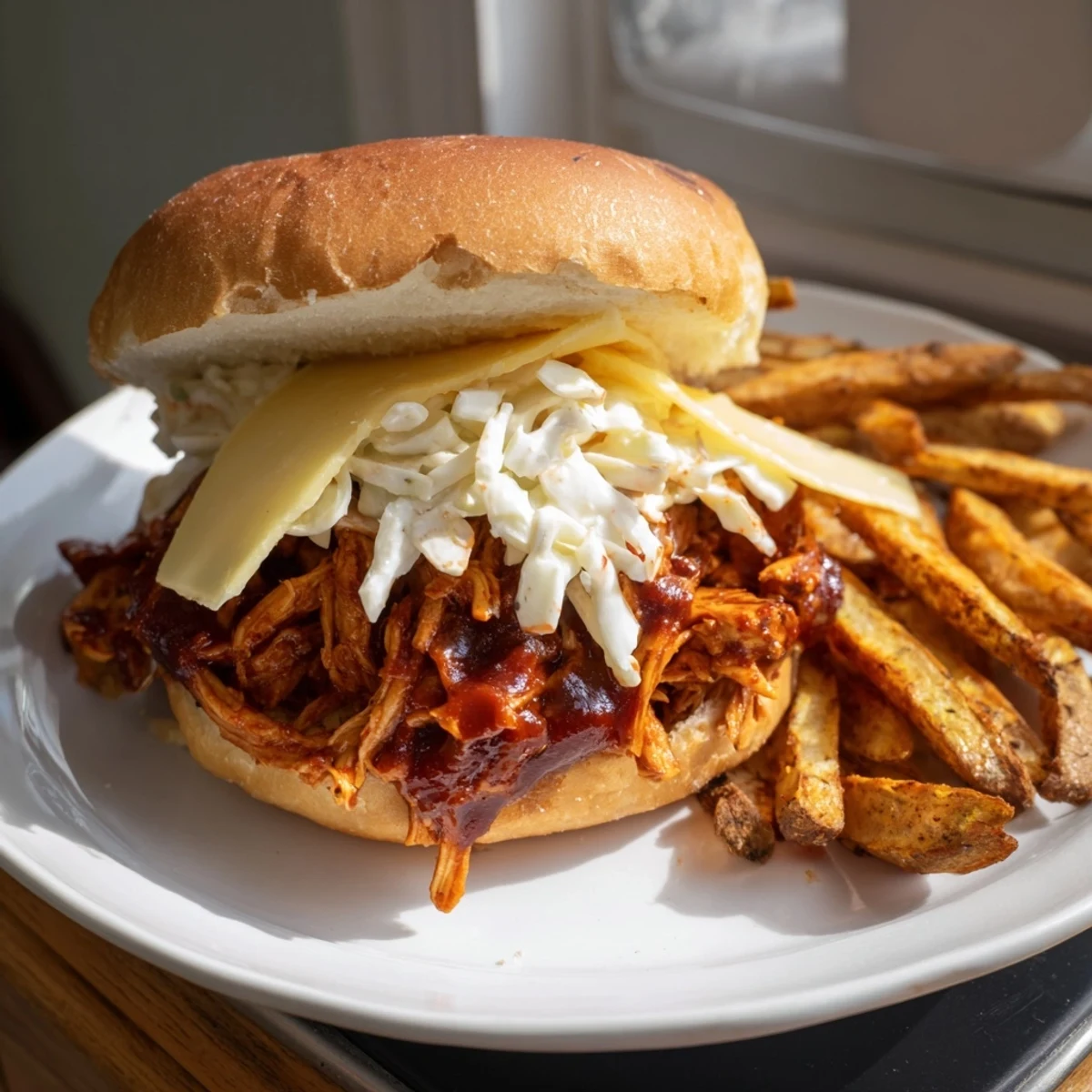 Tender, pulled BBQ Chicken Sliders overflowing from toasted buns, with crispy golden fries, ready to eat.