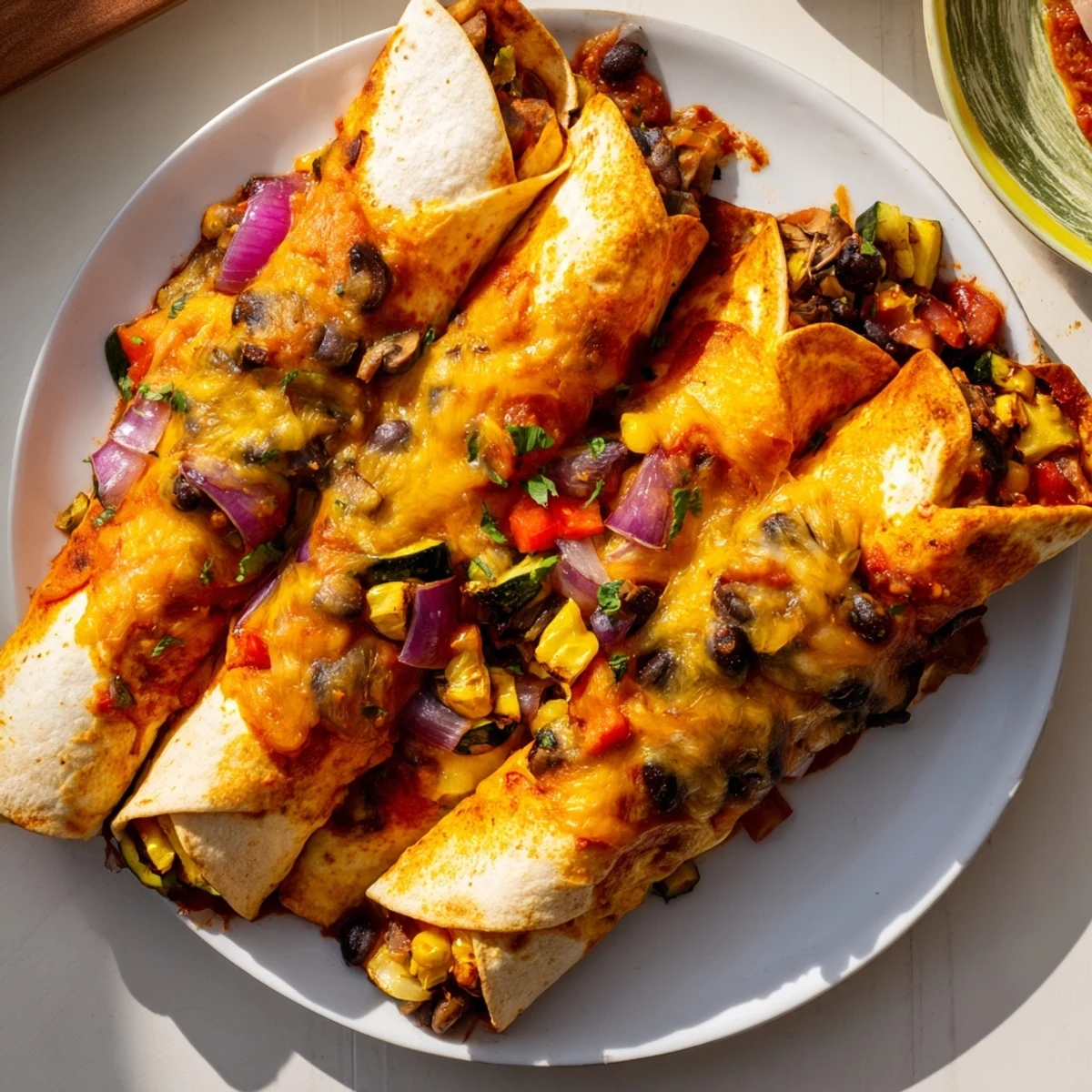 Farmers Market Vegetarian Enchiladas: a close-up of cheesy, bubbling, and flavorful baked dish, ready to serve.