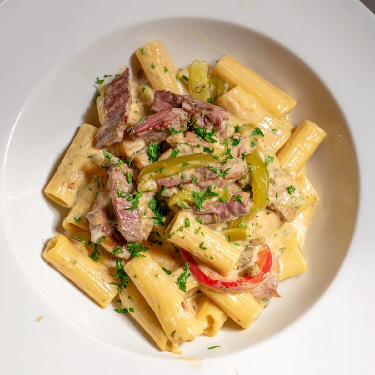 Philly Cheese Steak Pasta: A creamy bowl of pasta with tender beef and melting cheese.