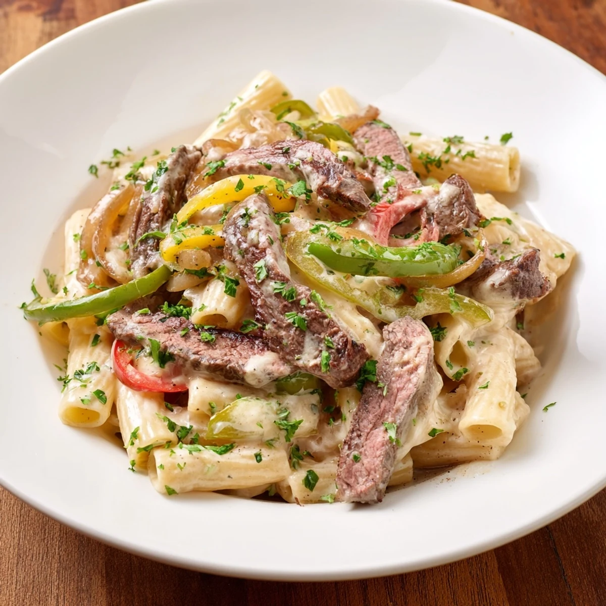Delicious Philly Cheese Steak Pasta, a comforting American dish, perfect for a hearty dinner.