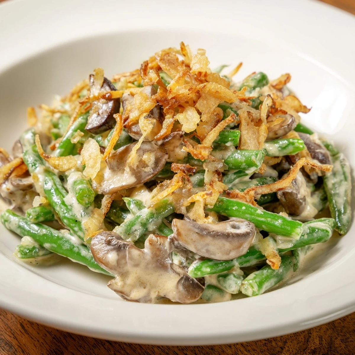 Enjoy a warm serving of Old-School Green Bean Casserole, a comforting side dish with a rich sauce.