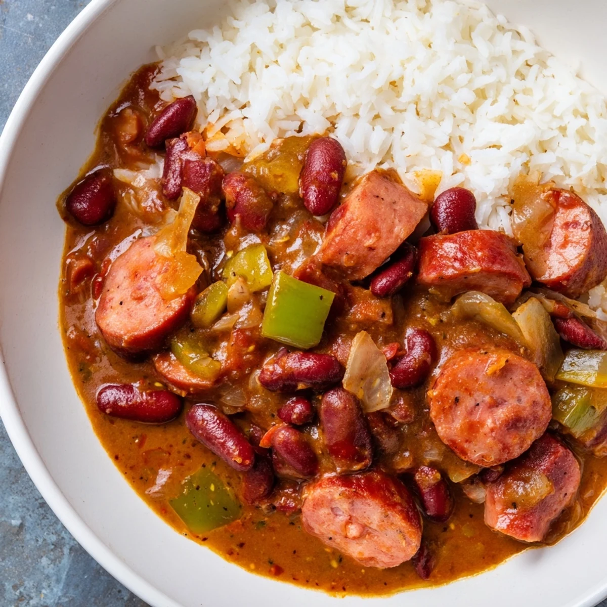 Hearty Red Beans & Rice, a comforting Southern classic, beautifully garnished, ready to enjoy.