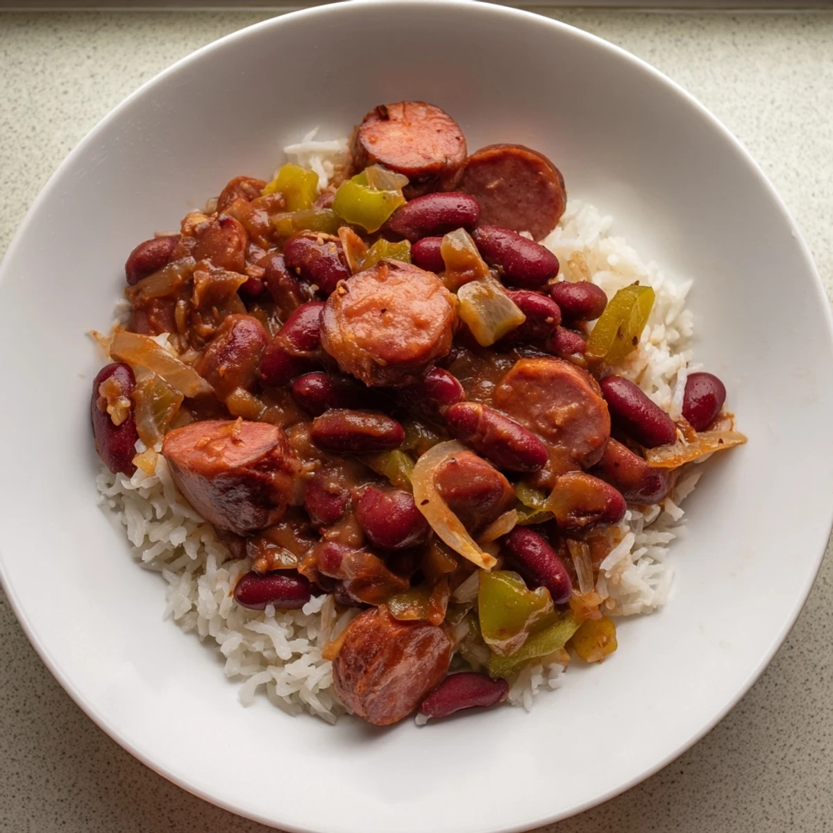 A close-up of a flavorful Creole Red Beans & Rice dish with vibrant green garnishes.
