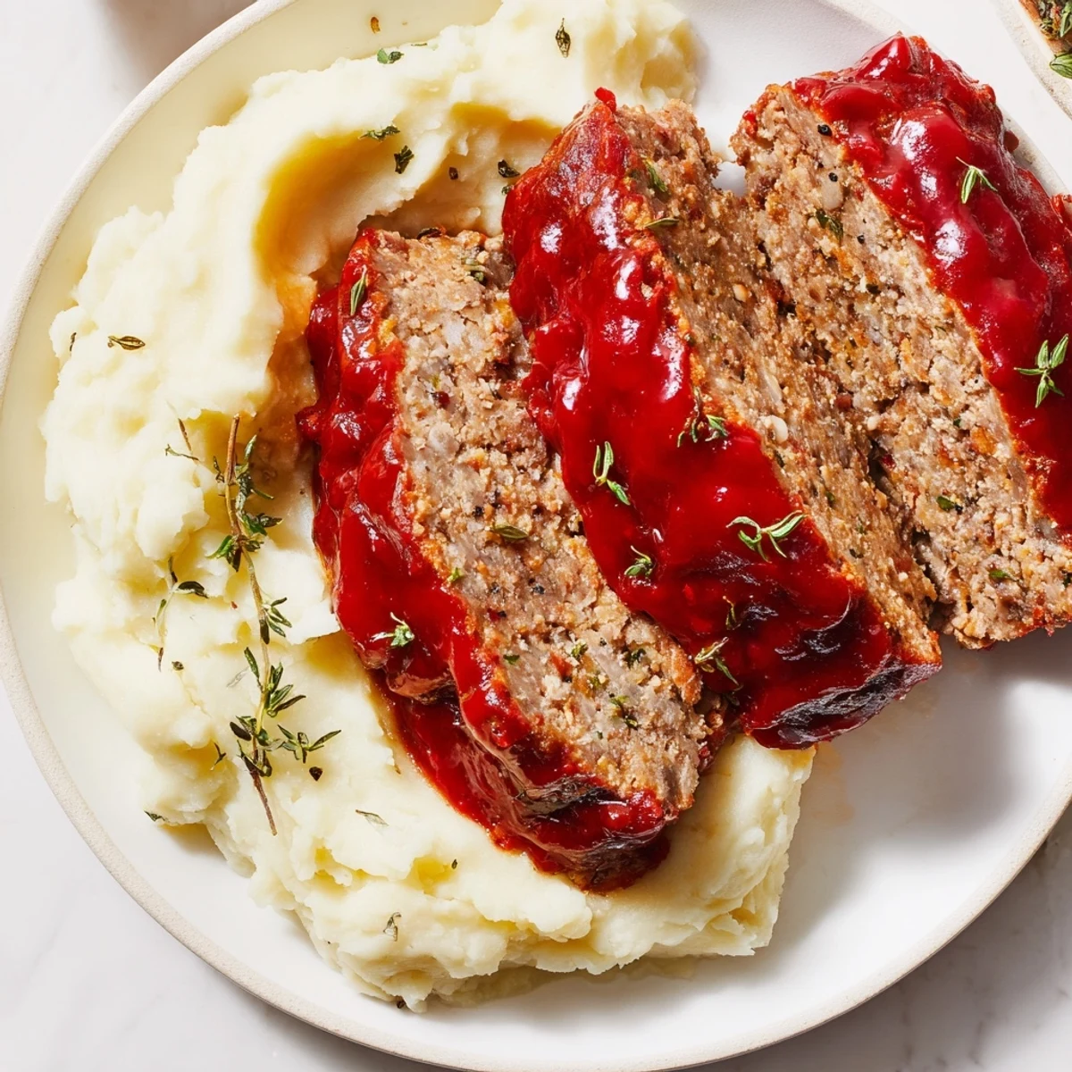 Slices of tender Classic Meatloaf & Mashed Potatoes, steaming and ready to be enjoyed as a comforting meal.