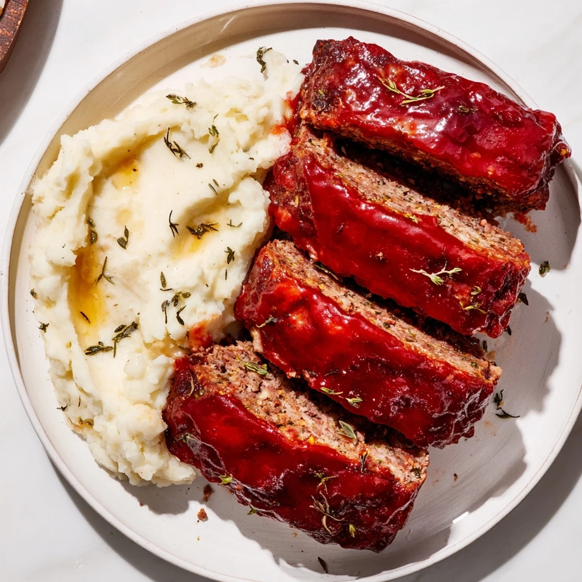 Warm, hearty Classic Meatloaf & Mashed Potatoes with a glossy glaze, perfect for a family gathering.
