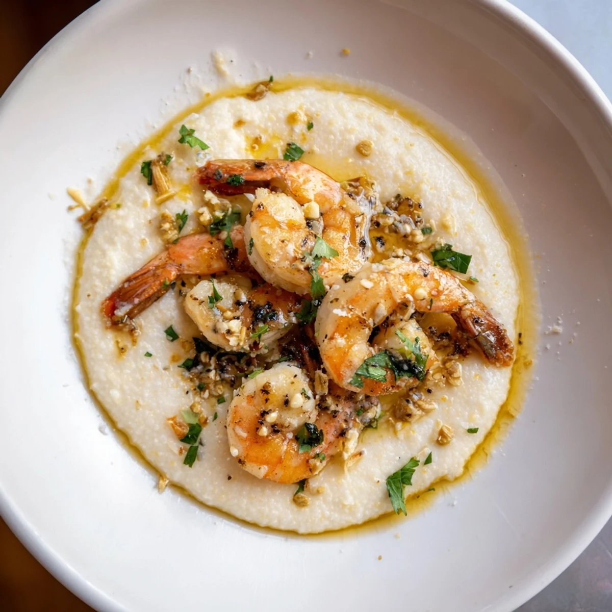 Golden shrimp atop cheesy grits swim in fragrant garlic butter; enjoy this Shrimp & Grits dish.