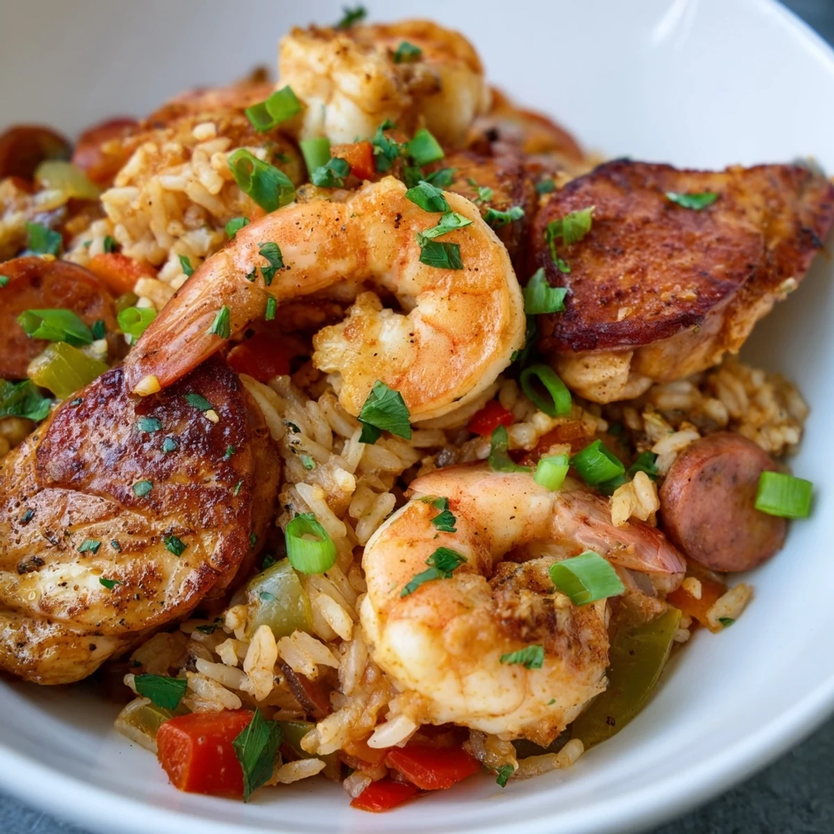 This flavorful Cajun Jambalaya Rice Bowl shows perfectly cooked rice, vibrant peppers, and juicy chicken pieces.
