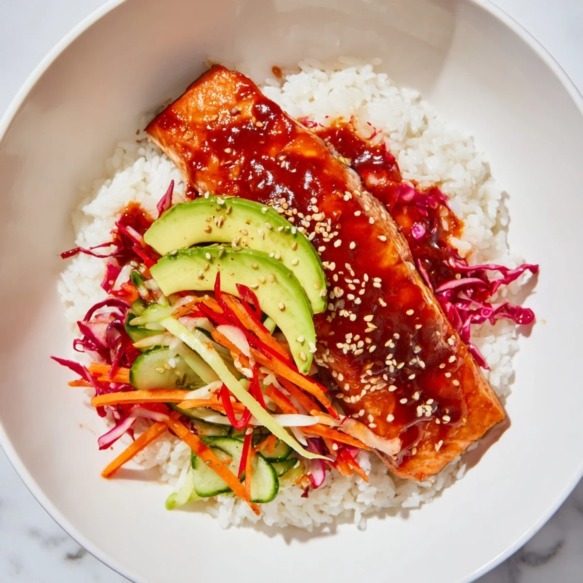 Sweet chili salmon rice bowl with glistening glaze and fresh vegetables, inviting flavors.
