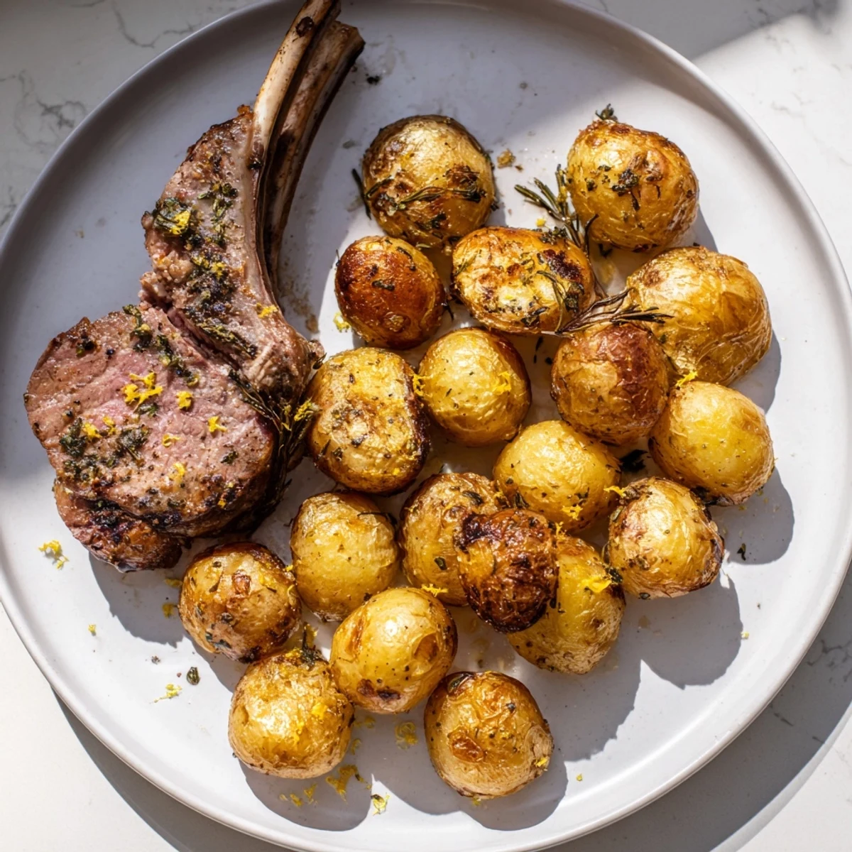 Close-up of perfectly seared herbed lamb chops and roasted potatoes, garnished with fresh parsley for serving.