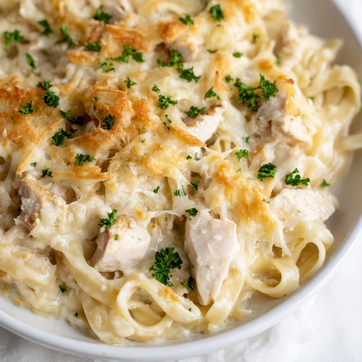 Golden-brown Chicken Fettuccine Alfredo Bake bubbling in a dish with a cheesy, irresistible topping.