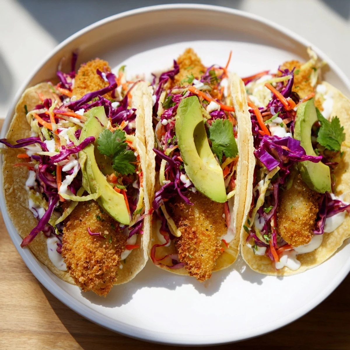 Golden, crispy fish tacos with vibrant slaw, offering a delightful crunch from the breaded fish.